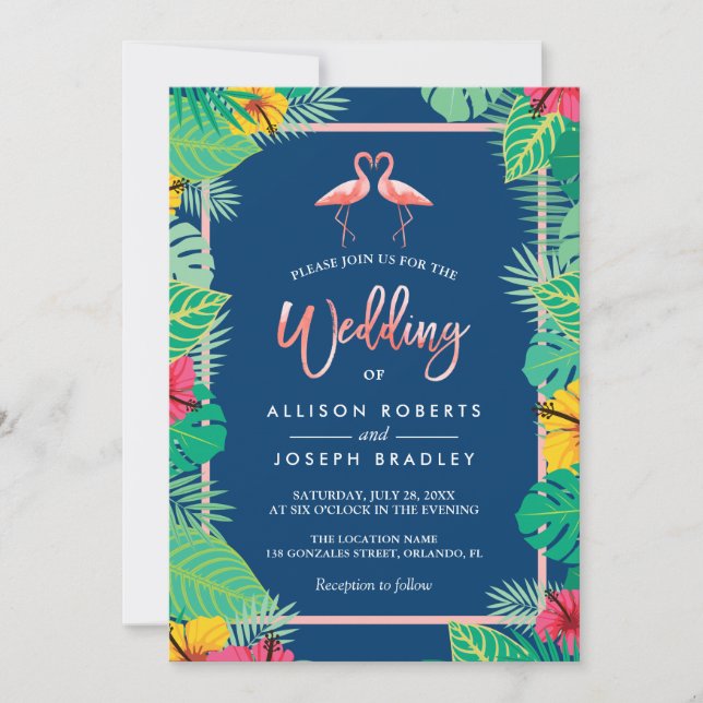 Invitación Boda azul de la Marina de las Parejas Flamingo Tro (Anverso)