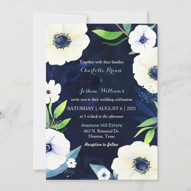 Invitación Boda azul de la Marina de los Anemones Blancos (Anverso)