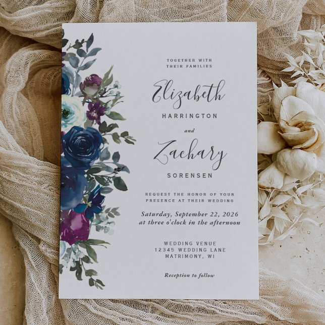 Invitación Boda azul de la Marina de los ciruelas florales de (Subido por el creador)