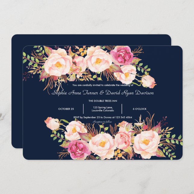 Invitación Boda azul de la Marina de los cuadros florales ros (Anverso / Reverso)