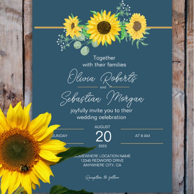 Invitación Boda azul de la Marina de los girasoles acuarela (Subido por el creador)