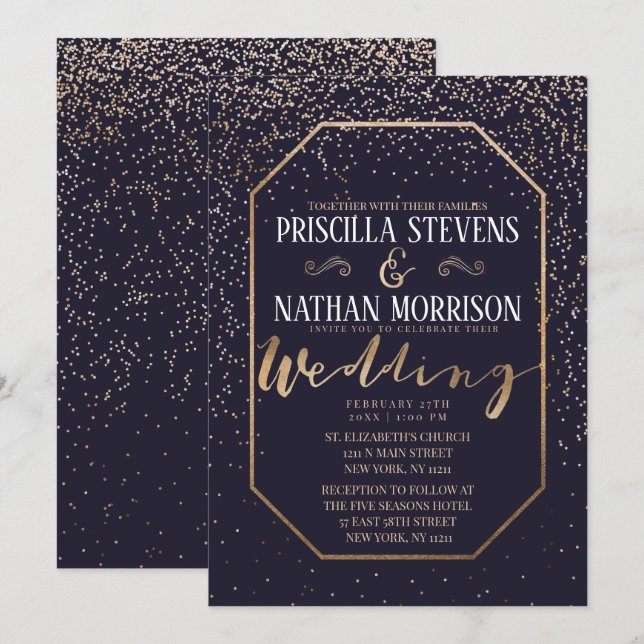 Invitación Boda azul de la marina de lujo trendy Gold Confett (Anverso / Reverso)