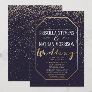 Invitación Boda azul de la marina de lujo trendy Gold Confett
