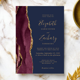 Invitación Boda azul de la Marina de Oro Borgoña moderna