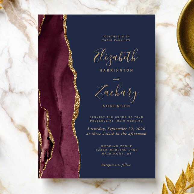 Invitación Boda azul de la Marina de Oro Borgoña moderna (A perfect choice for a burgundy and navy blue themed wedding.)