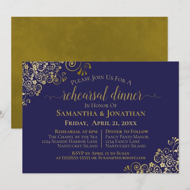 Invitación Boda azul de la marina de oro ensayo y cena (Anverso / Reverso)