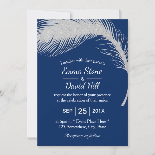 Invitación Boda azul de la marina de plumas de pavo real plat (Anverso)