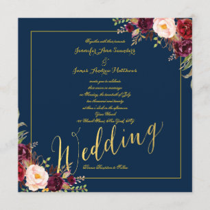 Invitación Boda azul de la Marina de Relieve metalizado dorad