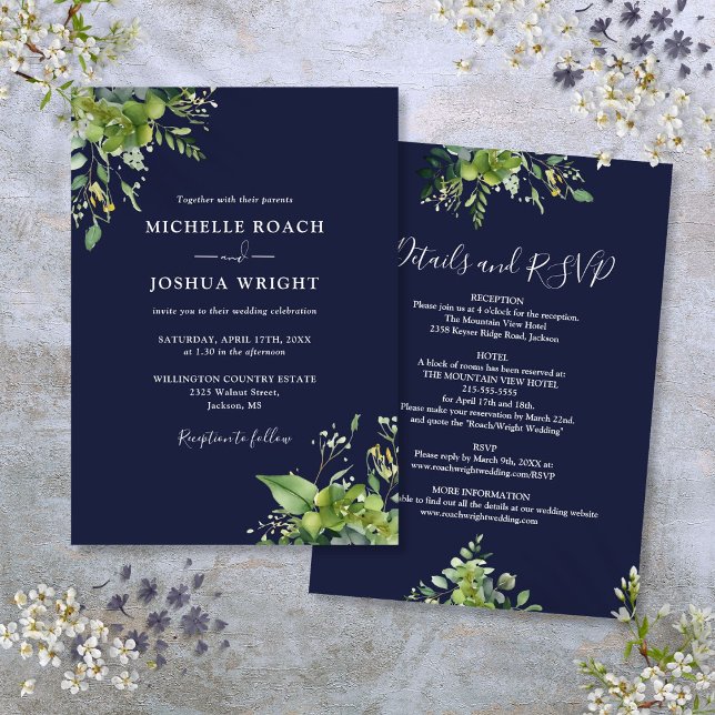 Invitación Boda azul de la marina de verde de Eucalyptus (All In One Eucalyptus Greenery Navy Blue Wedding Invitation)