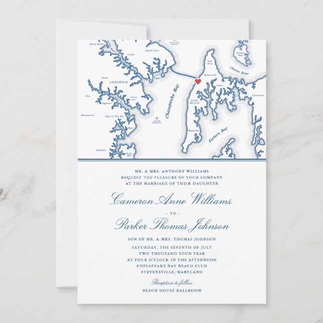 Invitación Boda azul de la Marina del Chesapeake Bay Beach Cl (Anverso)
