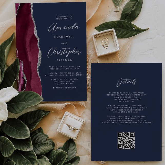 Invitación Boda azul de la Marina del código QR del Agate de  (Subido por el creador)