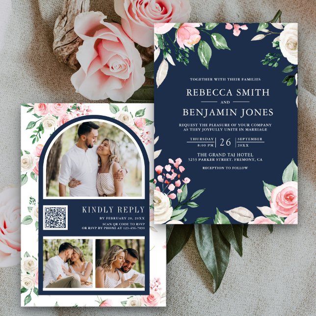 Invitación Boda azul de la Marina del código QR floral rosa d (Subido por el creador)