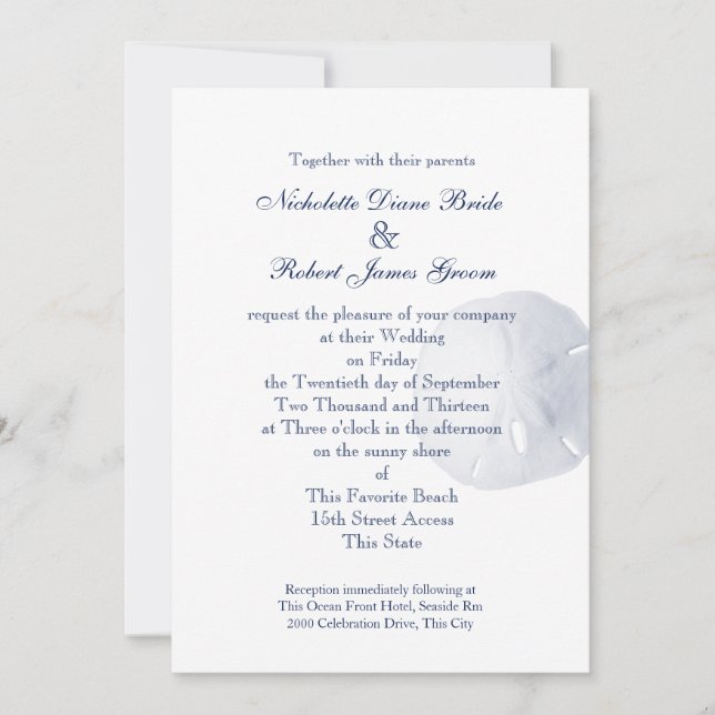 Invitación Boda azul de la Marina del Dólar de Arena (Anverso)