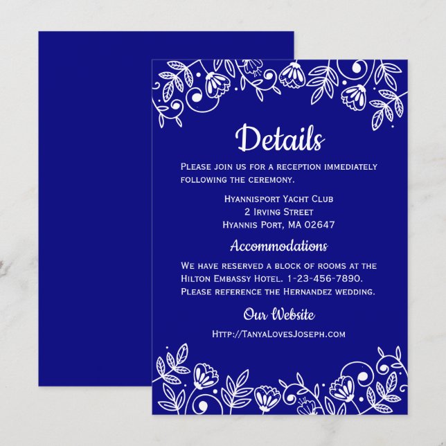 Invitación Boda Azul de la Marina detalla flores elegantes fl (Anverso / Reverso)