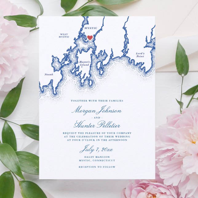 Invitación Boda azul de la Marina Elegante de Mapa Místico CT (Mystic CT Map Wedding Invitation in elegant navy blue by Coastal Map Designs)