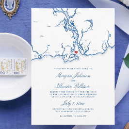 Invitación Boda azul de la Marina Elegante del Mapa de Saybro