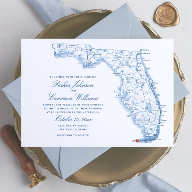 Invitación Boda azul de la Marina Elegante del Mapa FL Occide (Key West FL map wedding invitation in elegant navy blue from Coastal Map Designs)