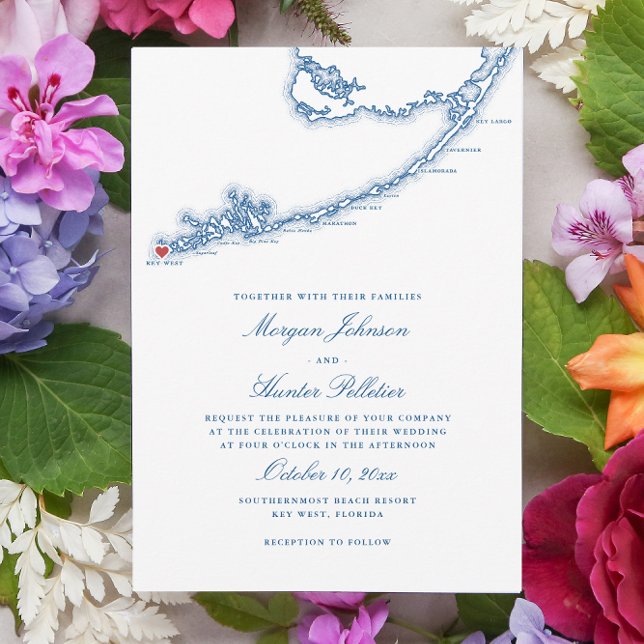 Invitación Boda azul de la Marina Elegante del Mapa FL Occide (Key West FL Map Wedding Invitation for an elegant navy blue destination wedding. Coastal Map Designs)