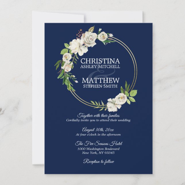 Invitación Boda azul de la marina floral blanca de antaño (Anverso)