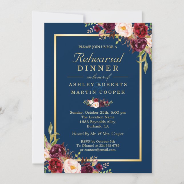 Invitación Boda azul de la Marina Floral de Borgoña Cena (Anverso)