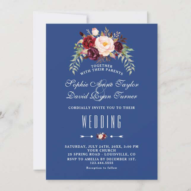 Invitación Boda Azul de la Marina Floral de Borgoña Marsala (Anverso)