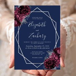 Invitación Boda azul de la Marina Floral de Plata Borgoña