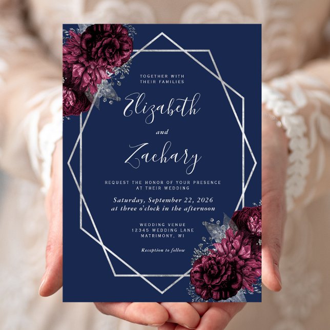 Invitación Boda azul de la Marina Floral de Plata Borgoña (Subido por el creador)