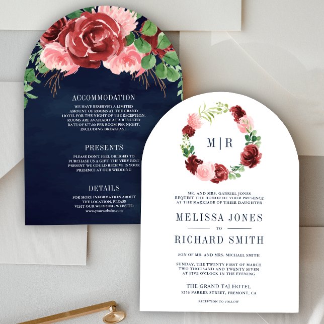 Invitación Boda azul de la Marina Floral Rosa de Borgoña de R (Subido por el creador)