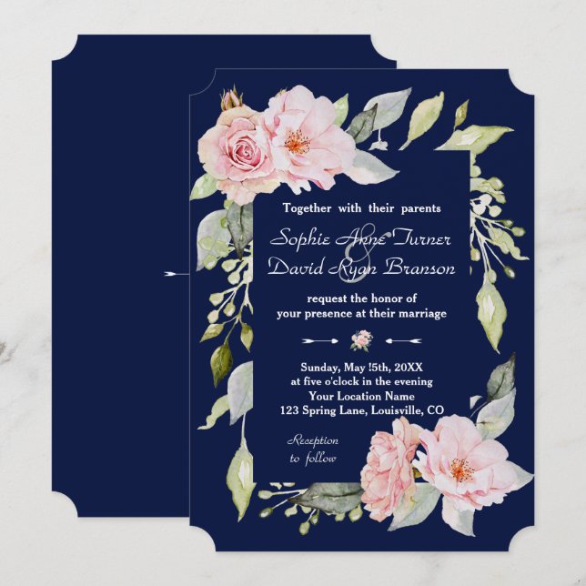 Invitación Boda azul de la marina floral rosa Rubor (Anverso / Reverso)