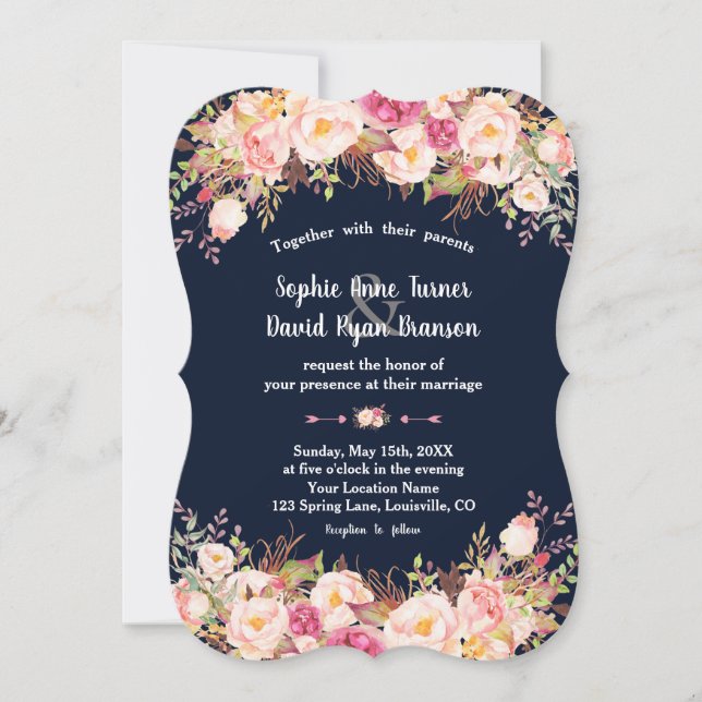Invitación Boda azul de la Marina floral rosa Rubor moderna (Anverso)