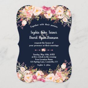 Invitación Boda azul de la Marina floral rosa Rubor moderna