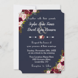Invitación Boda Azul de la Marina Floral Rustica de Marsala