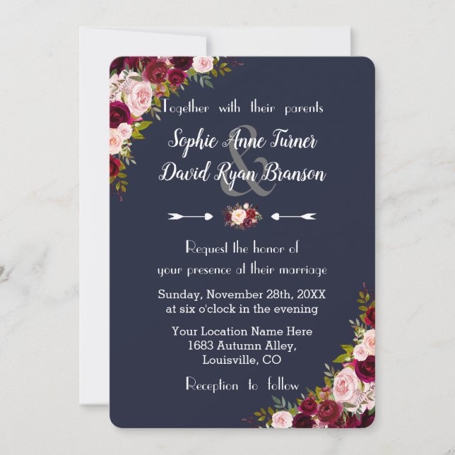 Invitación Boda Azul de la Marina Floral Rustica de Marsala (Anverso)