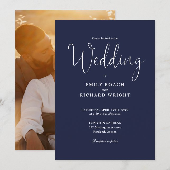 Invitación Boda azul de la marina fotográfica de caligrafía d (Anverso / Reverso)