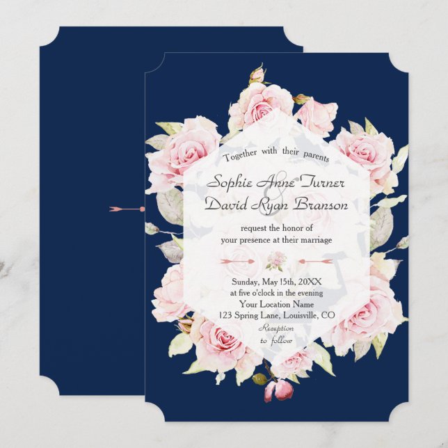 Invitación Boda azul de la Marina Geométrica Floral de bonito (Anverso / Reverso)