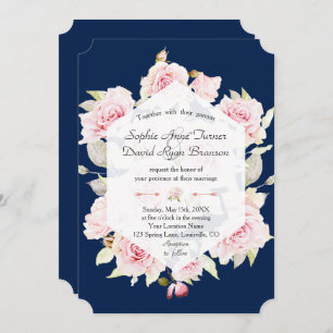 Invitación Boda azul de la Marina Geométrica Floral de bonito