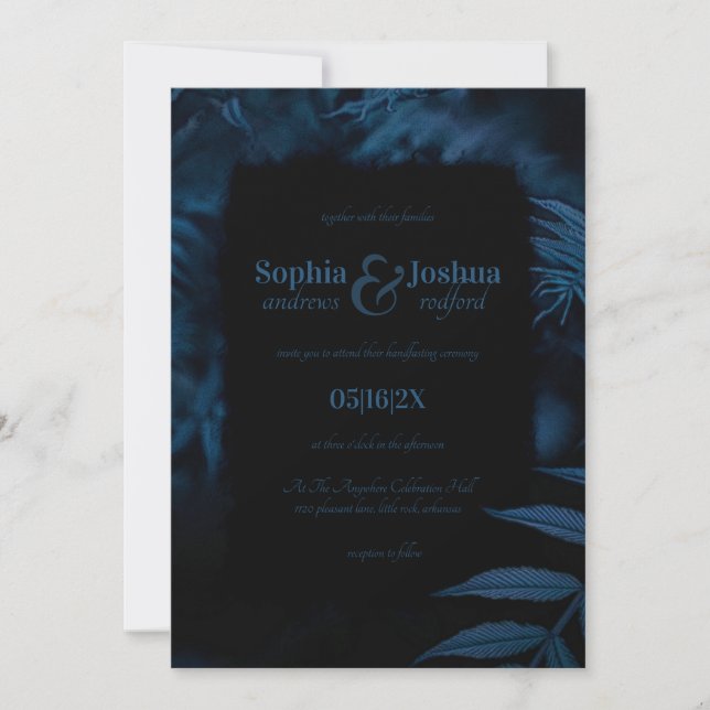 Invitación Boda azul de la marina gótica hojas oscuras ayunar (Anverso)