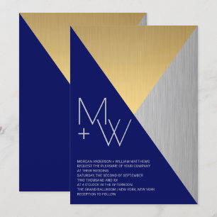 Invitación Boda azul de la marina Metales mixtos modernos Geo