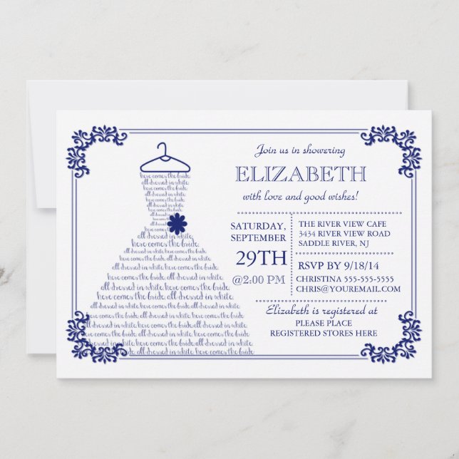Invitación Boda azul de la marina moderna con ducha de novia (Anverso)