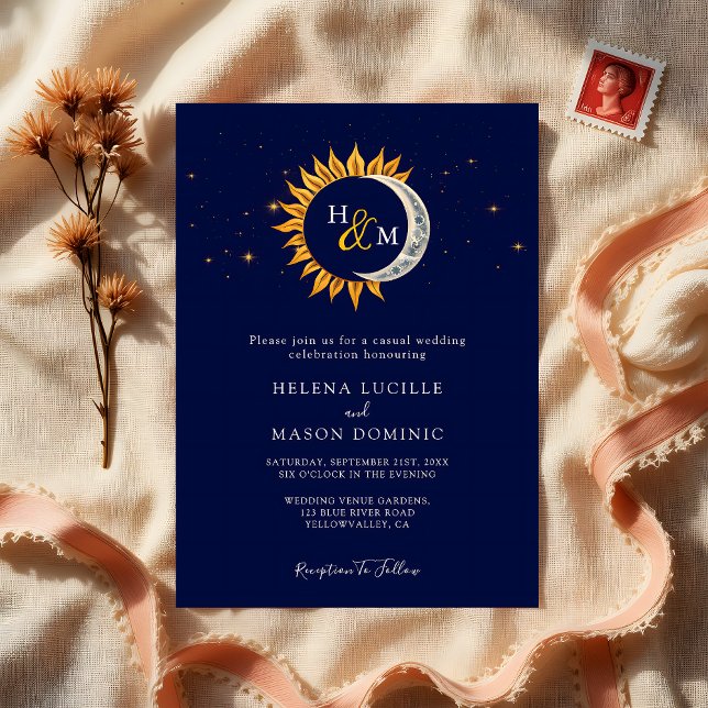 Invitación Boda azul de la Marina Monograma de Sun Moon Stars (Subido por el creador)