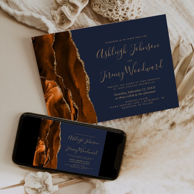 Invitación Boda azul de la Marina Naranja de oro quemado mode (Subido por el creador)
