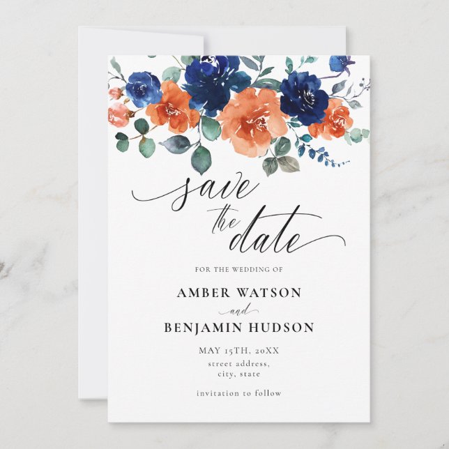 Invitación Boda azul de la Marina Naranja quemada salva la fe (Anverso)