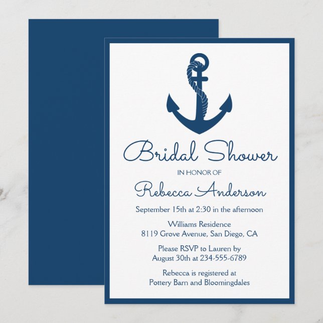 Invitación Boda azul de la Marina Nautical Bridal Shower Anch (Anverso / Reverso)