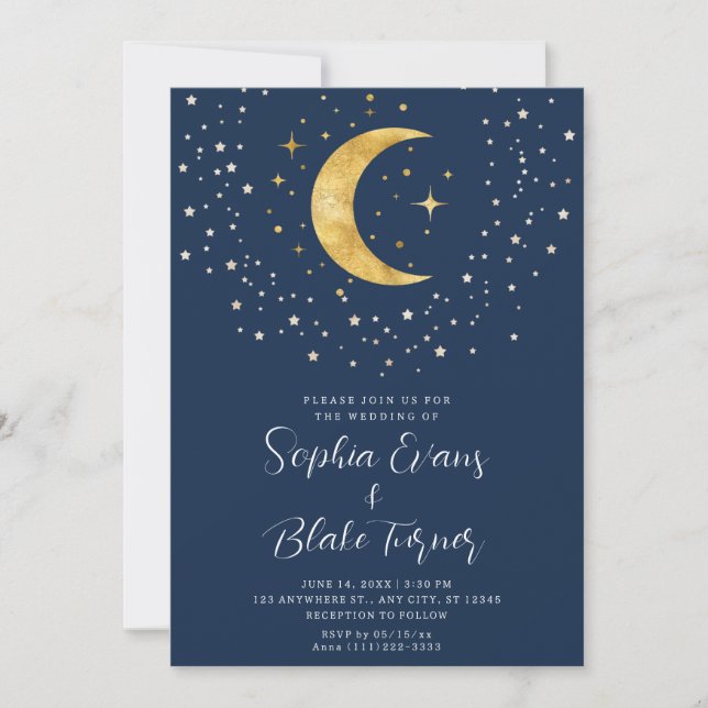 Invitación Boda azul de la Marina Nocturna Crescent Moon Star (Anverso)