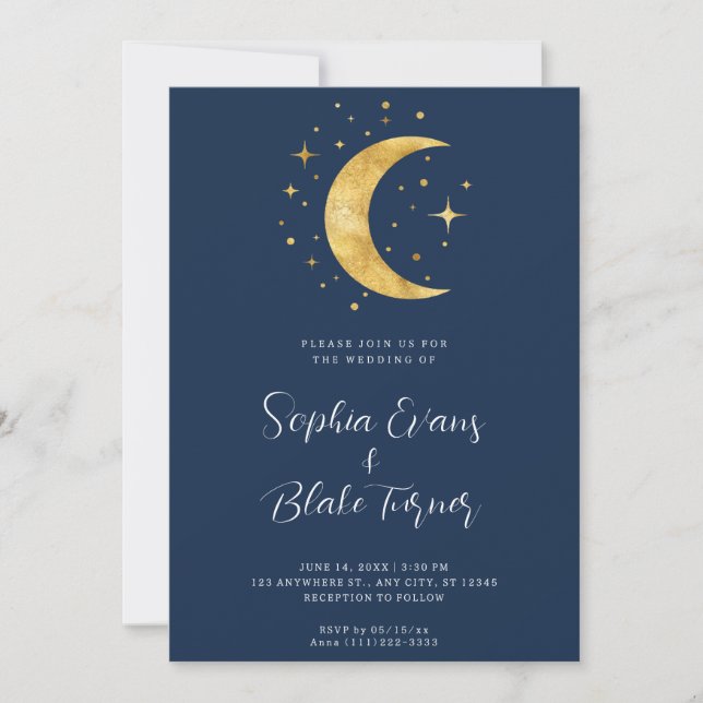 Invitación Boda azul de la Marina Nocturna Crescent Moon Star (Anverso)