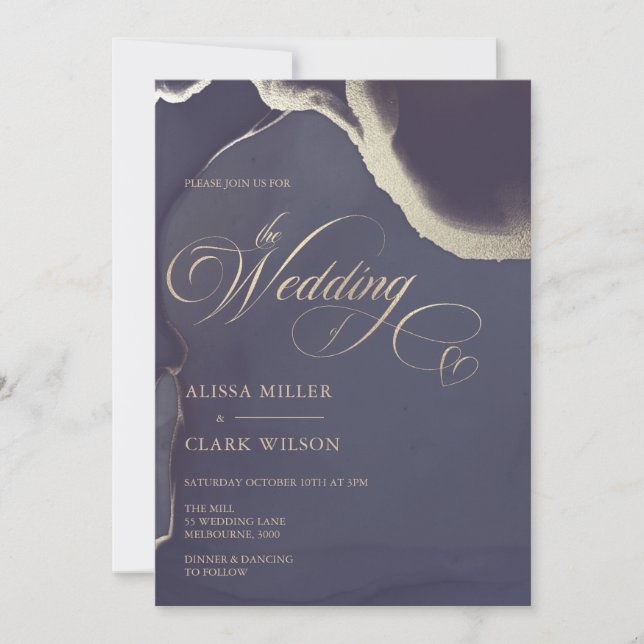 Invitación Boda azul de la Marina Oscura de Oro Resumen Moder (Anverso)