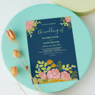 Invitación Boda azul de la Marina Oscura floral Botánica
