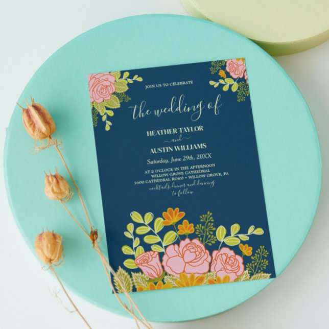 Invitación Boda azul de la Marina Oscura floral Botánica (Subido por el creador)