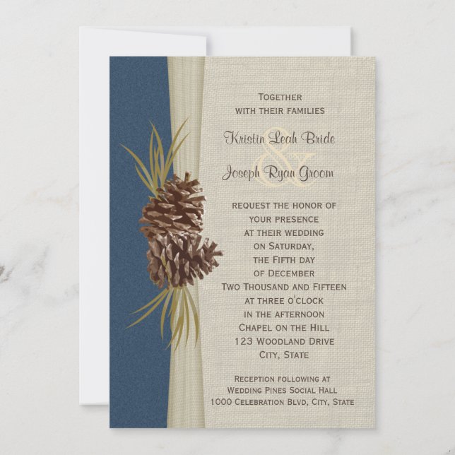 Invitación Boda azul de la Marina Pines Woodland (Reverso)