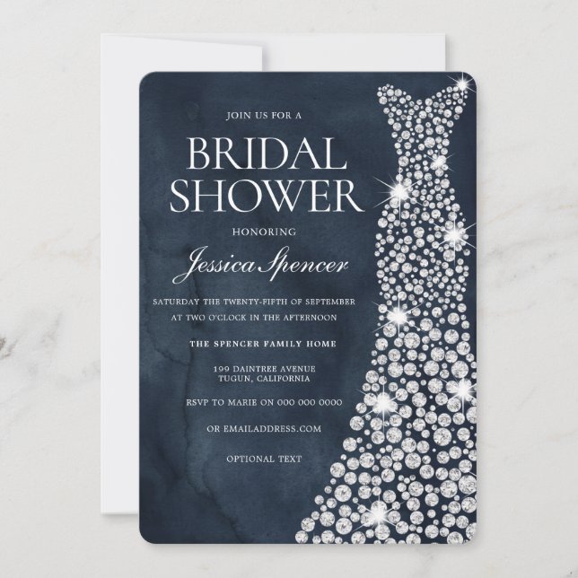 Invitación Boda azul de la Marina Profunda Vestido Bridal Sho (Anverso)